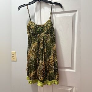 Sue Wong Vintage Y2K Silk Leopard Print Green Mini Dress Beaded Details Size 2